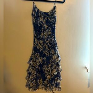 Navy Beaded Tiered Ruffle Midi Cocktail Dress